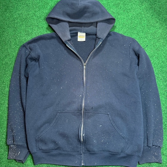Vintage 90s Tultex Mens Large Paint Splatter Navy Blue Full Zip Hoodie